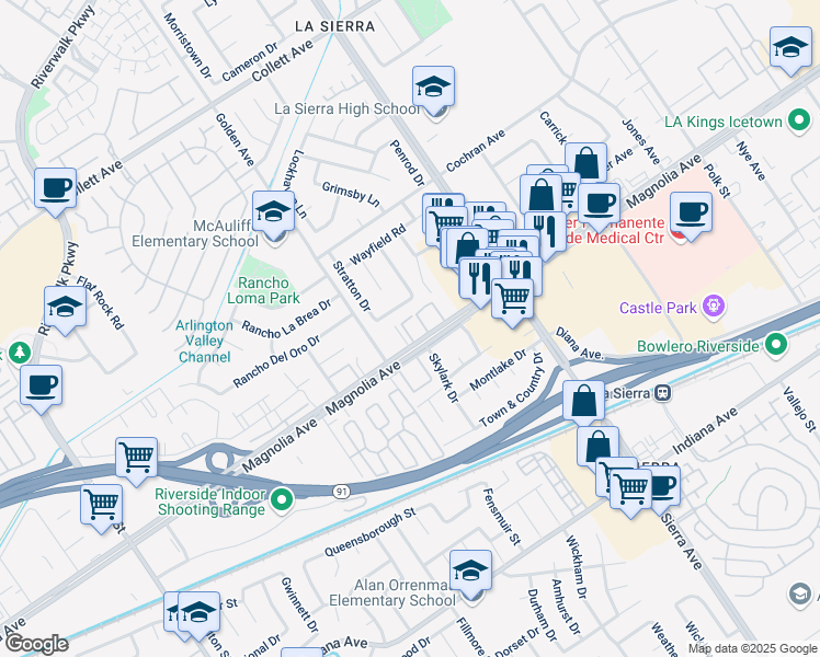 map of restaurants, bars, coffee shops, grocery stores, and more near 11207 Magnolia Avenue in Riverside