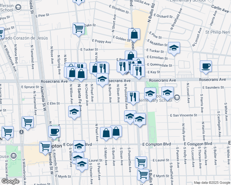 map of restaurants, bars, coffee shops, grocery stores, and more near 903 North Sloan Avenue in Compton