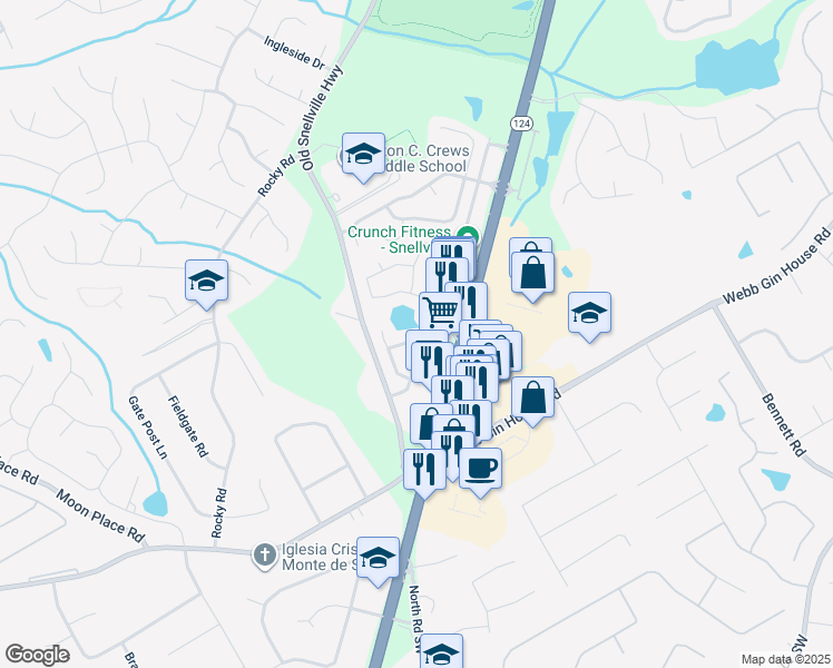 map of restaurants, bars, coffee shops, grocery stores, and more near 1225 Scenic Highway South in Lawrenceville