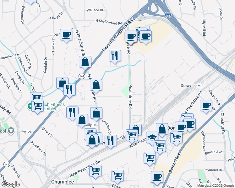 map of restaurants, bars, coffee shops, grocery stores, and more near 2371 Terrell Drive in Chamblee