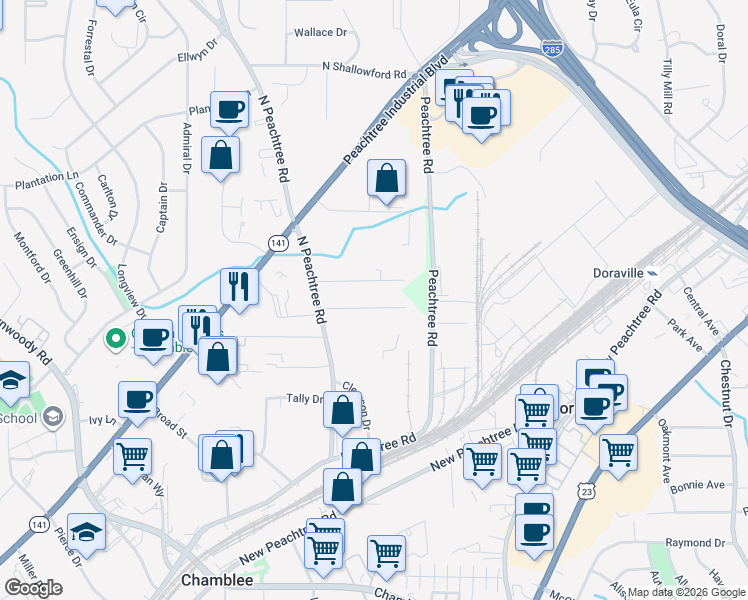 map of restaurants, bars, coffee shops, grocery stores, and more near 2337 Terrell Drive in Chamblee