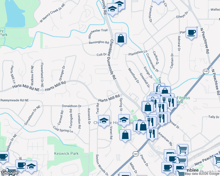 map of restaurants, bars, coffee shops, grocery stores, and more near 2020 Mendenhall Circle in Atlanta