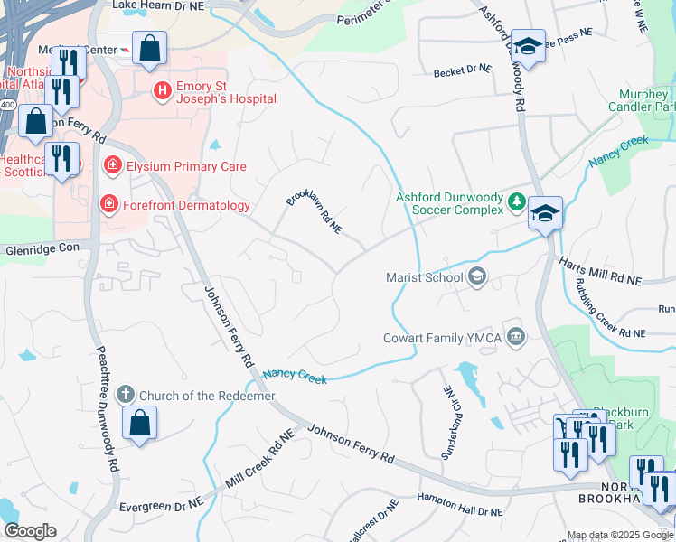 map of restaurants, bars, coffee shops, grocery stores, and more near 1120 West Nancy Creek Drive Northeast in Atlanta