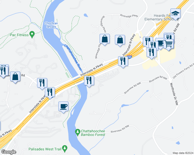 map of restaurants, bars, coffee shops, grocery stores, and more near in Sandy Springs
