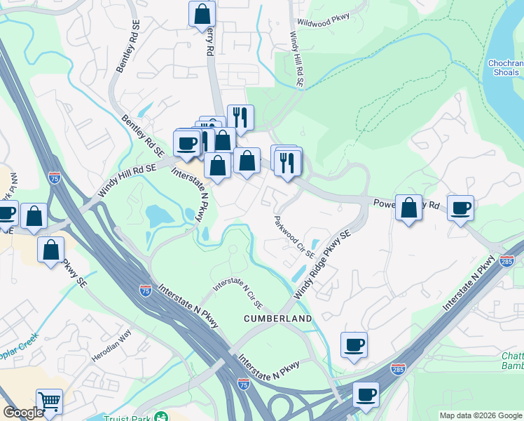 map of restaurants, bars, coffee shops, grocery stores, and more near 1300 Parkwood Circle Southeast in Atlanta