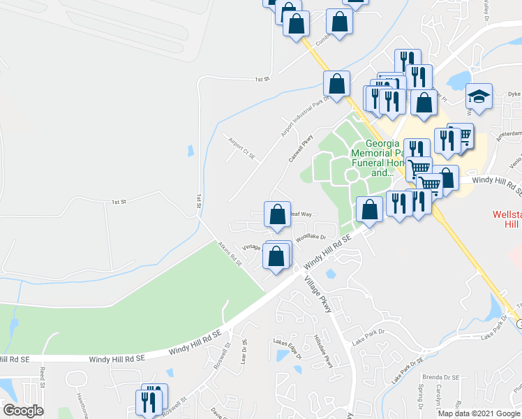 map of restaurants, bars, coffee shops, grocery stores, and more near 1937 Brightleaf Way in Marietta