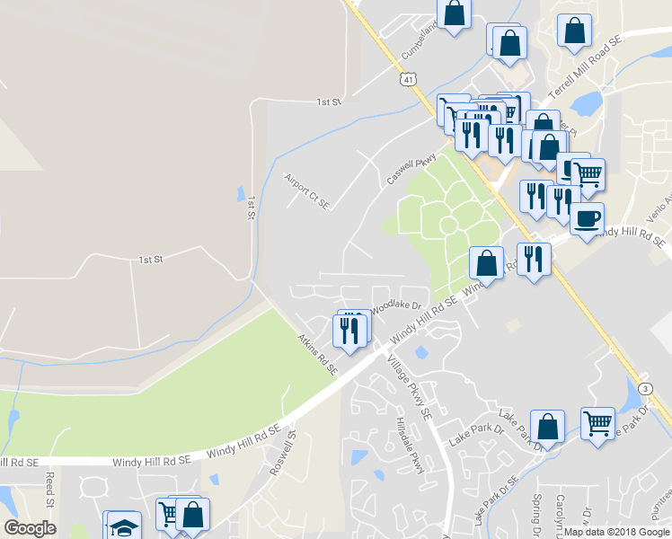 map of restaurants, bars, coffee shops, grocery stores, and more near 1949 Brightleaf Way in Marietta