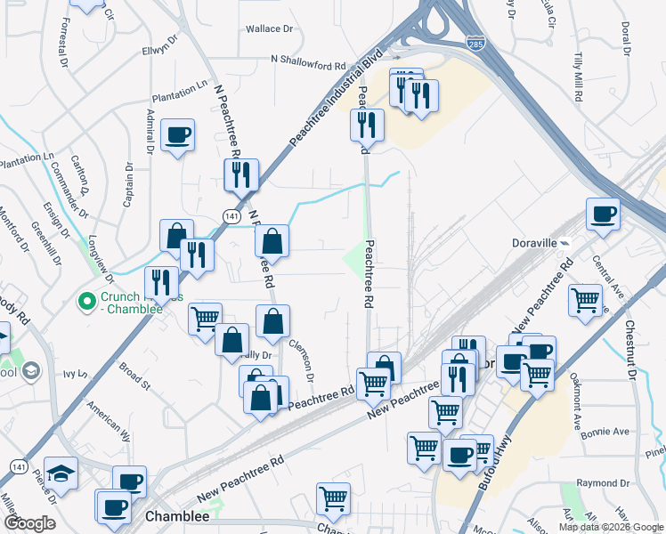 map of restaurants, bars, coffee shops, grocery stores, and more near 2371 Terrell Drive in Chamblee