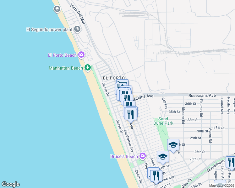 map of restaurants, bars, coffee shops, grocery stores, and more near 224 39th Street in Manhattan Beach