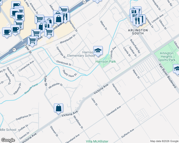 map of restaurants, bars, coffee shops, grocery stores, and more near 10008 Glenbrook Street in Riverside