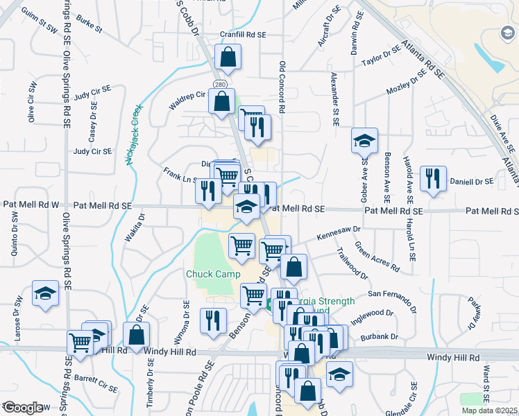 map of restaurants, bars, coffee shops, grocery stores, and more near S Cobb Dr & Pat Mell Rd SE in Cobb County