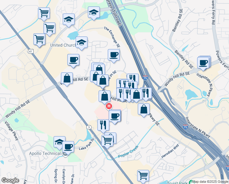 map of restaurants, bars, coffee shops, grocery stores, and more near 2501 Windy Hill Road Southeast in Marietta