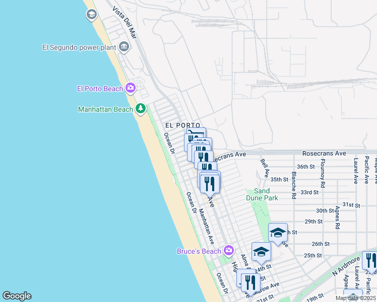 map of restaurants, bars, coffee shops, grocery stores, and more near 205 38th Street in Manhattan Beach