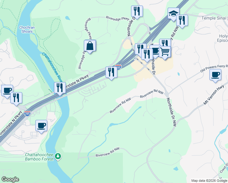 map of restaurants, bars, coffee shops, grocery stores, and more near 5140 Riverview Road Northwest in Atlanta