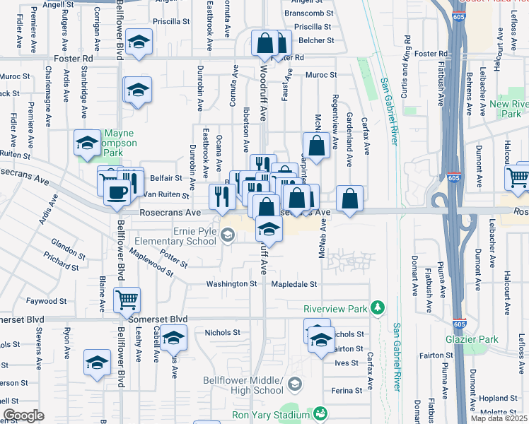 map of restaurants, bars, coffee shops, grocery stores, and more near Rosecrans Avenue & Woodruff Avenue in Bellflower