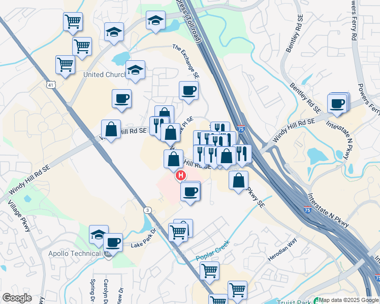 map of restaurants, bars, coffee shops, grocery stores, and more near 2501 Windy Hill Road Southeast in Marietta