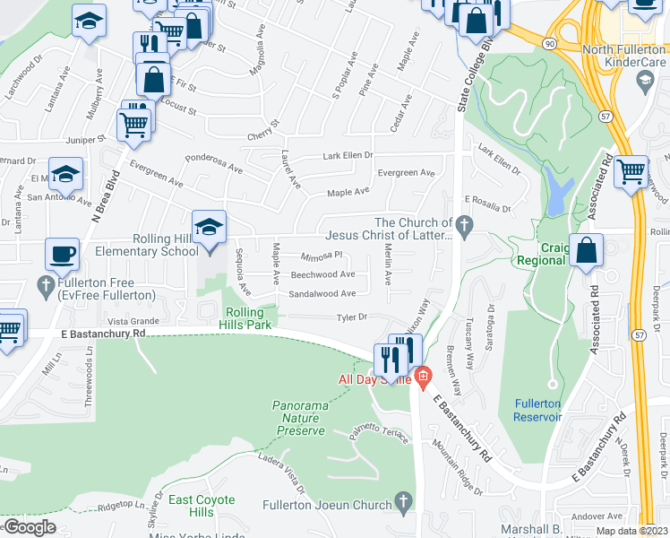 map of restaurants, bars, coffee shops, grocery stores, and more near 1709 Beechwood Avenue in Fullerton