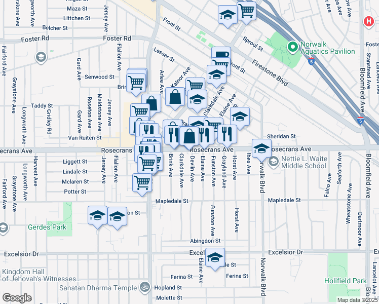 map of restaurants, bars, coffee shops, grocery stores, and more near 11912 Rosecrans Avenue in Norwalk