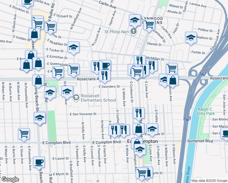 map of restaurants, bars, coffee shops, grocery stores, and more near 14500 South Castlegate Avenue in East Compton