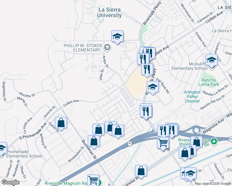 map of restaurants, bars, coffee shops, grocery stores, and more near 4192 Bear Place in Riverside