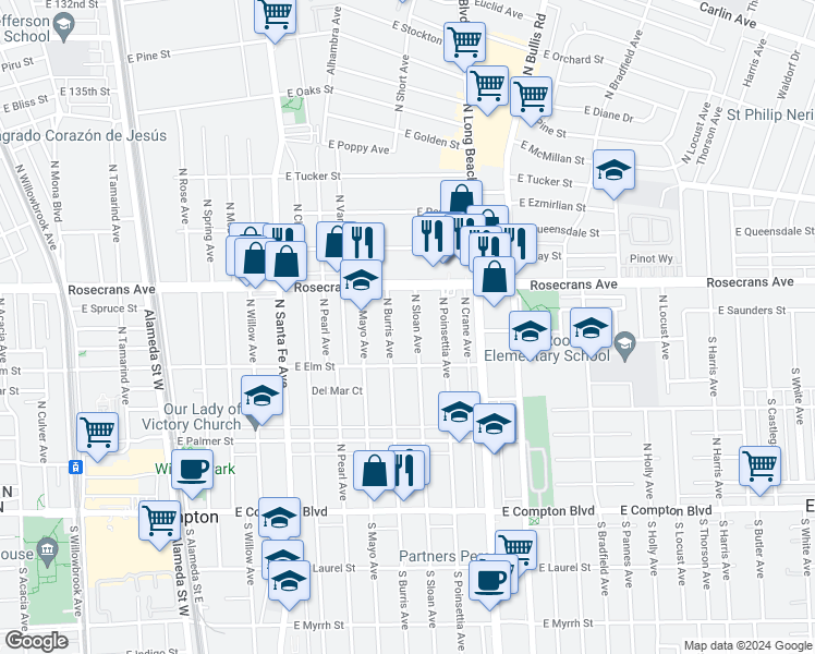 map of restaurants, bars, coffee shops, grocery stores, and more near 903 North Sloan Avenue in Compton