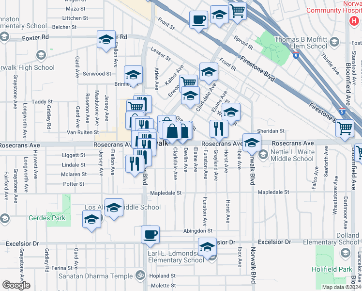 map of restaurants, bars, coffee shops, grocery stores, and more near 11912 Rosecrans Avenue in Norwalk