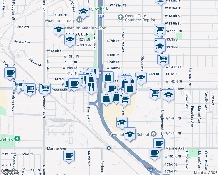 map of restaurants, bars, coffee shops, grocery stores, and more near 5155 Rosecrans Avenue in Hawthorne
