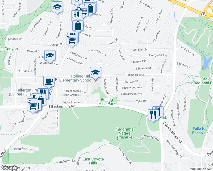 map of restaurants, bars, coffee shops, grocery stores, and more near 1501 Beechwood Avenue in Fullerton