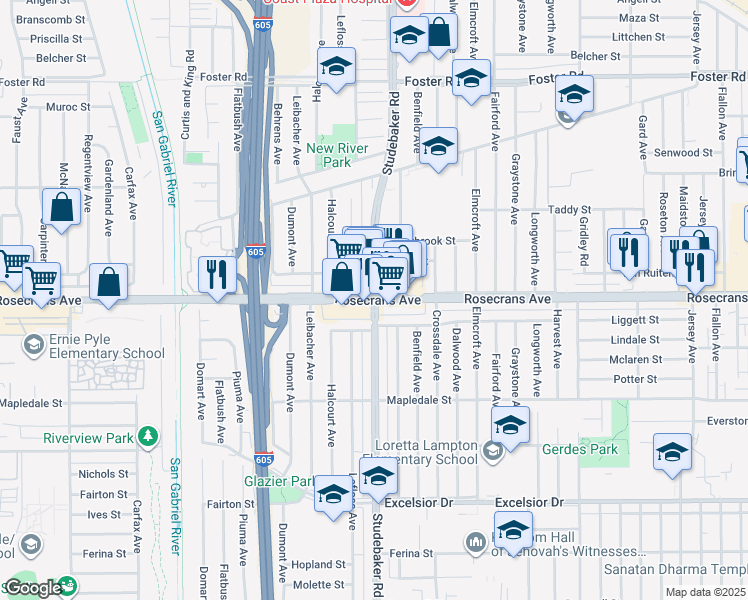 map of restaurants, bars, coffee shops, grocery stores, and more near Rosecrans Ave & Studebaker Rd in Norwalk