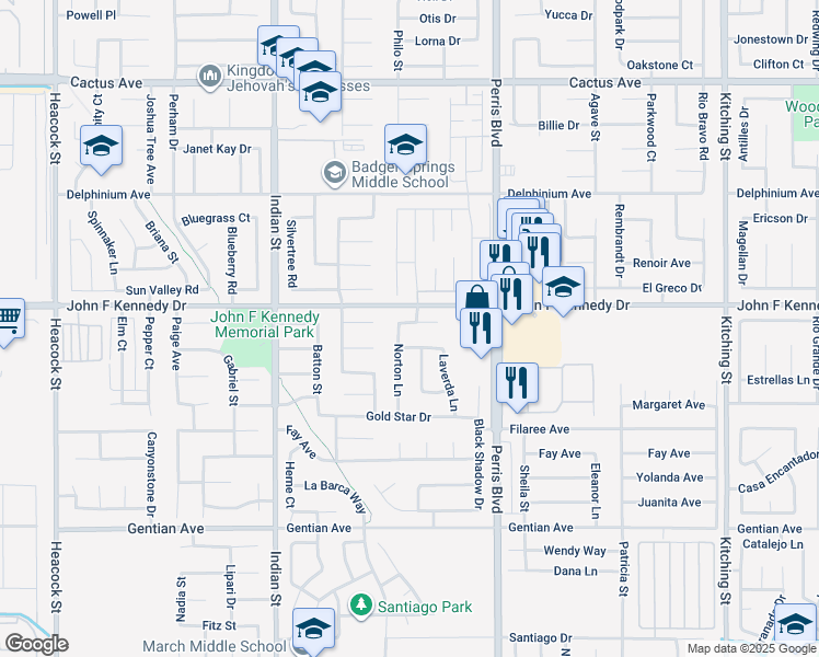 map of restaurants, bars, coffee shops, grocery stores, and more near 24793 Agusta Drive in Moreno Valley