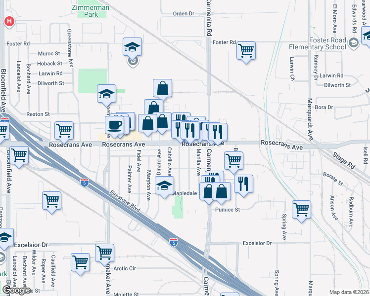 map of restaurants, bars, coffee shops, grocery stores, and more near 13226 Rosecrans Avenue in Norwalk