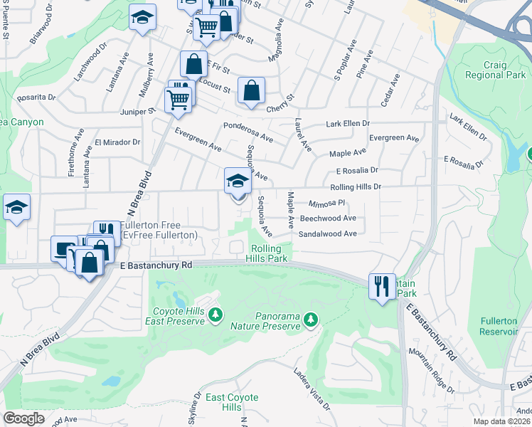 map of restaurants, bars, coffee shops, grocery stores, and more near 1501 Beechwood Avenue in Fullerton
