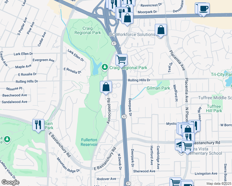 map of restaurants, bars, coffee shops, grocery stores, and more near 2749 Quail Ridge Circle in Fullerton