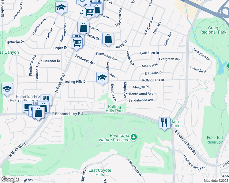 map of restaurants, bars, coffee shops, grocery stores, and more near 1501 Beechwood Avenue in Fullerton
