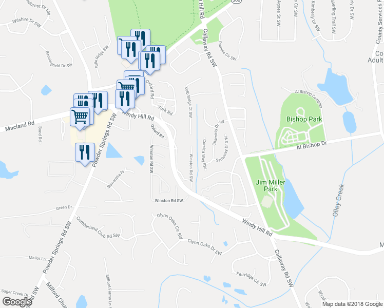 map of restaurants, bars, coffee shops, grocery stores, and more near 420 Winston Road Southwest in Marietta