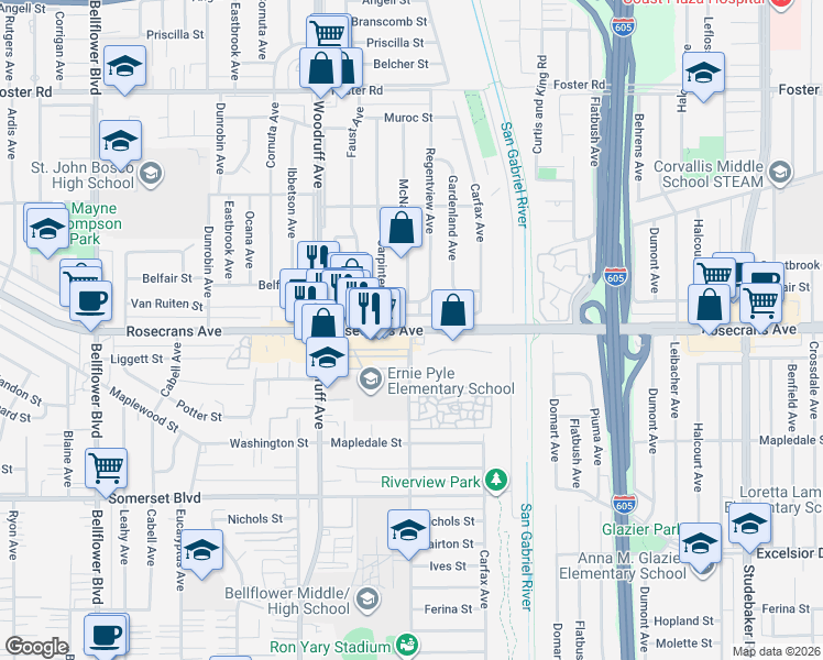 map of restaurants, bars, coffee shops, grocery stores, and more near Rosecrans Ave & McNab Ave in Bellflower