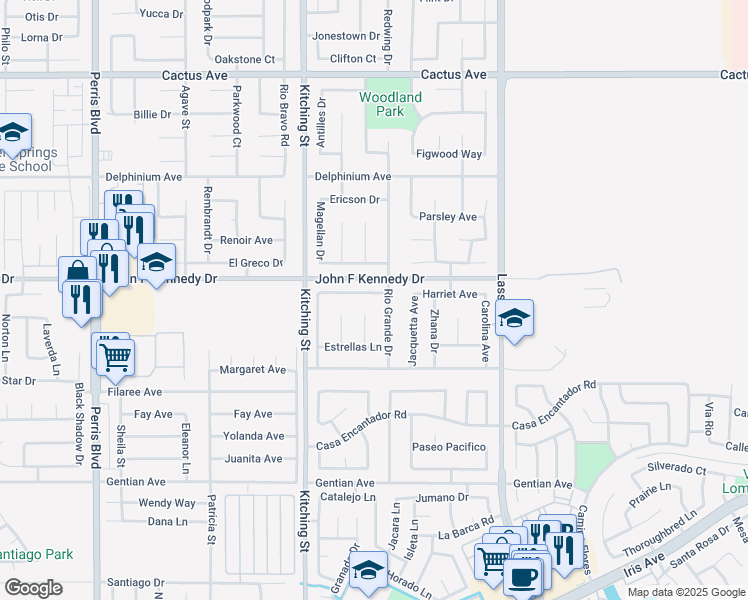 map of restaurants, bars, coffee shops, grocery stores, and more near 15098 Marte Circle in Moreno Valley