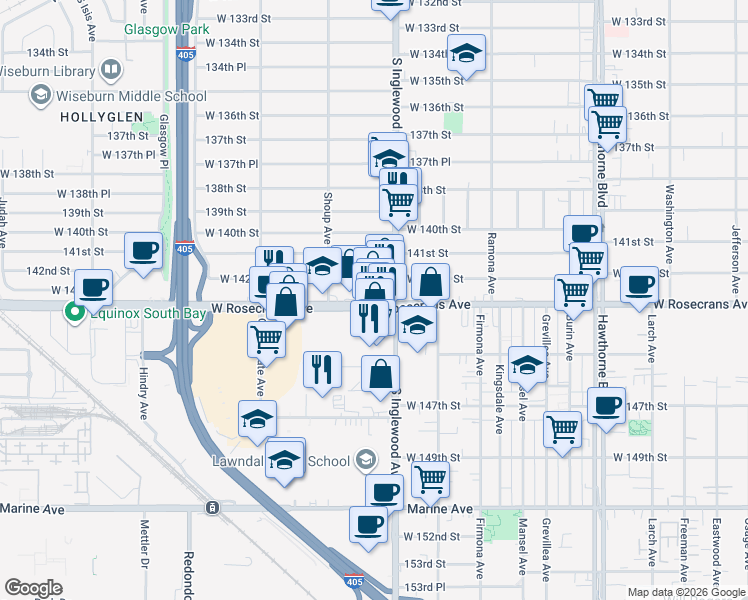map of restaurants, bars, coffee shops, grocery stores, and more near in Hawthorne