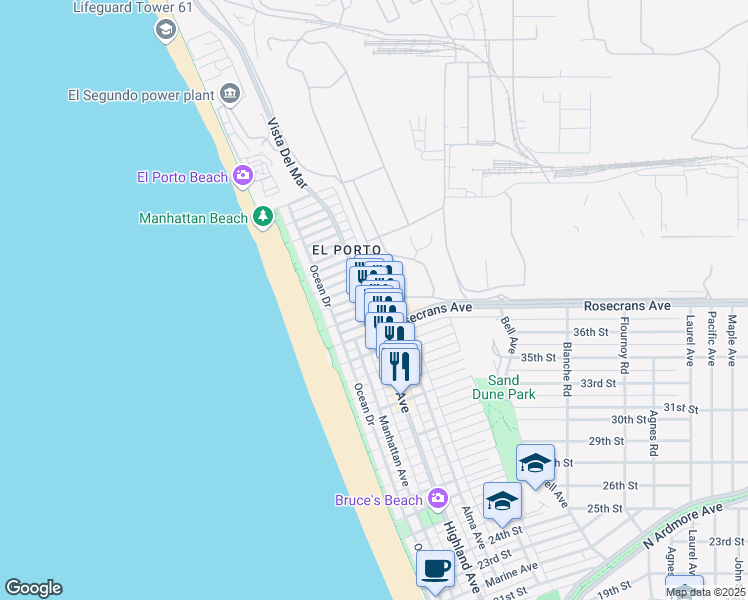 map of restaurants, bars, coffee shops, grocery stores, and more near 3770 Highland Avenue in Manhattan Beach