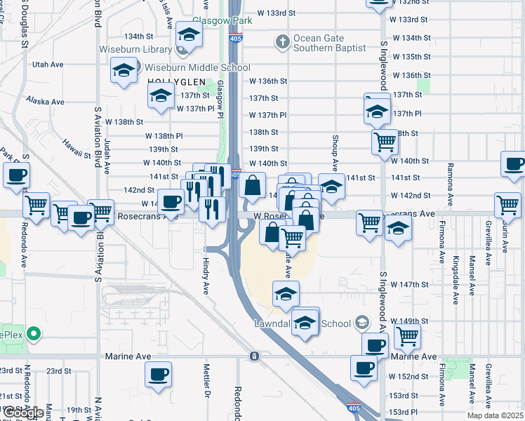 map of restaurants, bars, coffee shops, grocery stores, and more near 5100 Rosecrans Avenue in Hawthorne