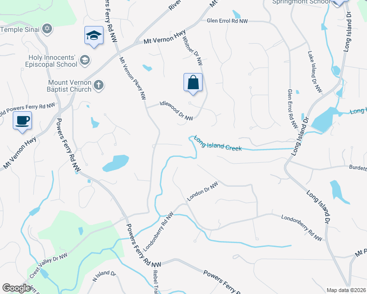map of restaurants, bars, coffee shops, grocery stores, and more near 610 Colebrook Court Northwest in Atlanta