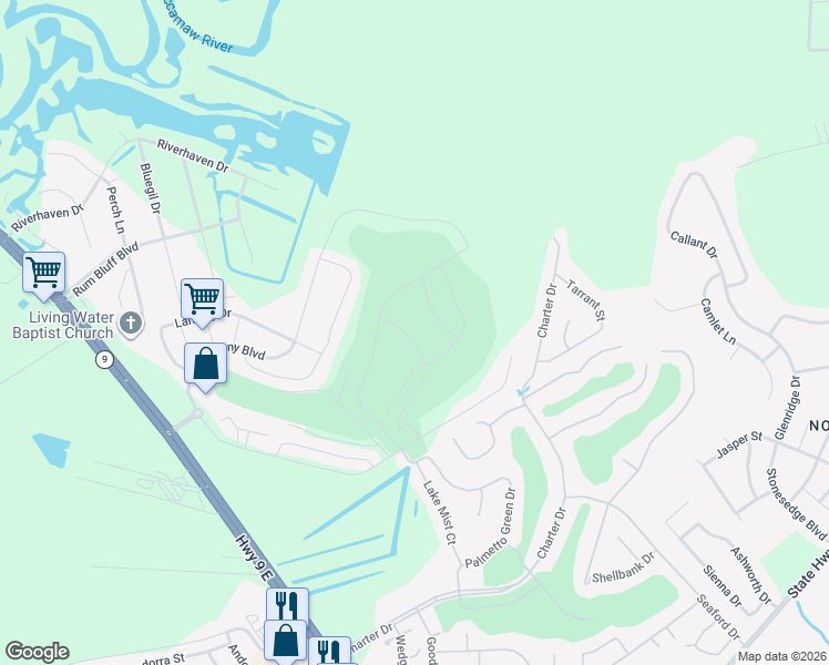 map of restaurants, bars, coffee shops, grocery stores, and more near Fairway Drive in Little River