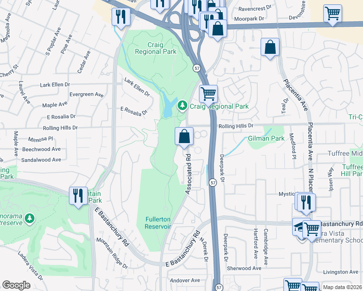 map of restaurants, bars, coffee shops, grocery stores, and more near 2525 North Brea Boulevard in Fullerton