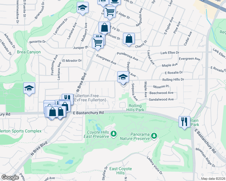 map of restaurants, bars, coffee shops, grocery stores, and more near 2825 Woodbine Avenue in Fullerton