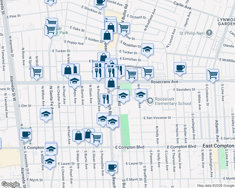 map of restaurants, bars, coffee shops, grocery stores, and more near 1422 Rosecrans Avenue in Compton