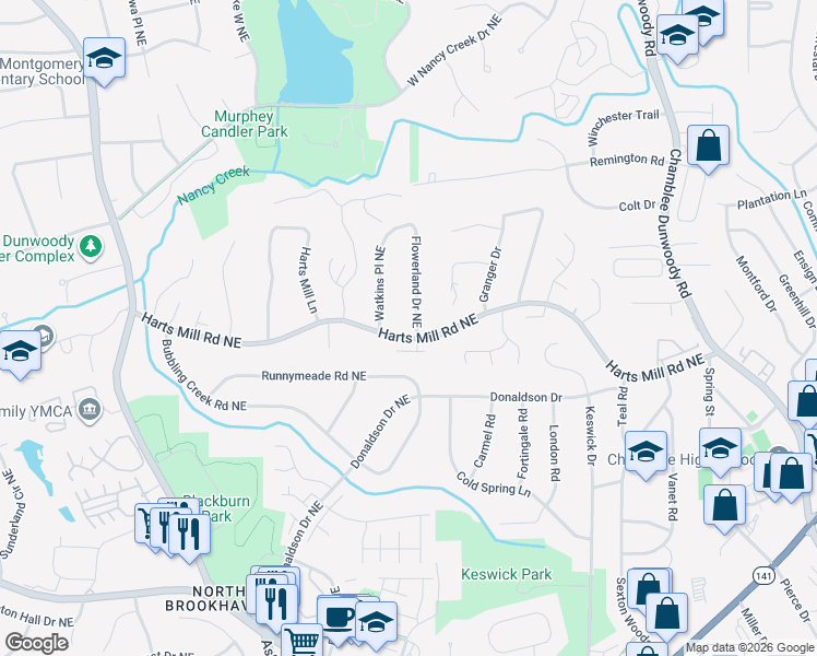 map of restaurants, bars, coffee shops, grocery stores, and more near 1650 Hartford Glen Northeast in Atlanta
