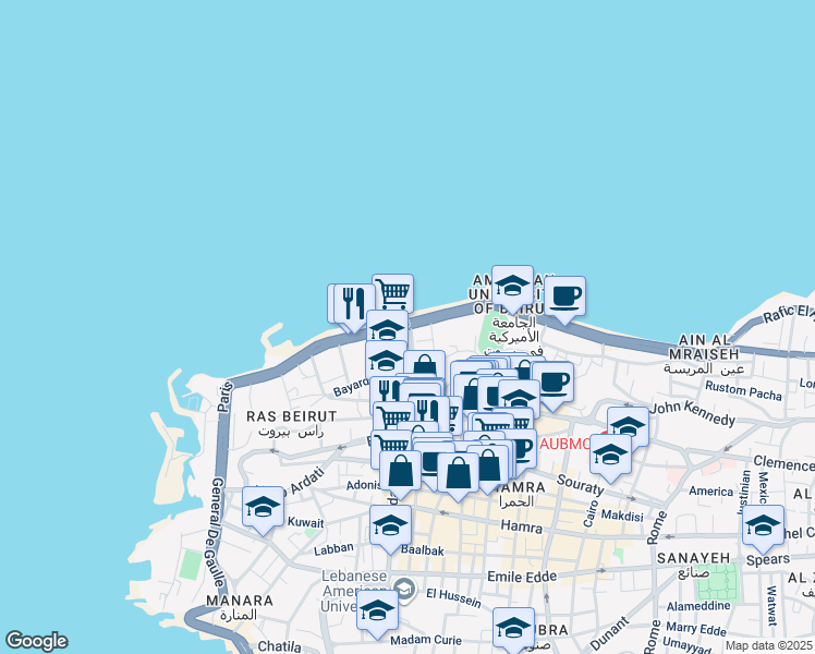 map of restaurants, bars, coffee shops, grocery stores, and more near in Ras Beirut