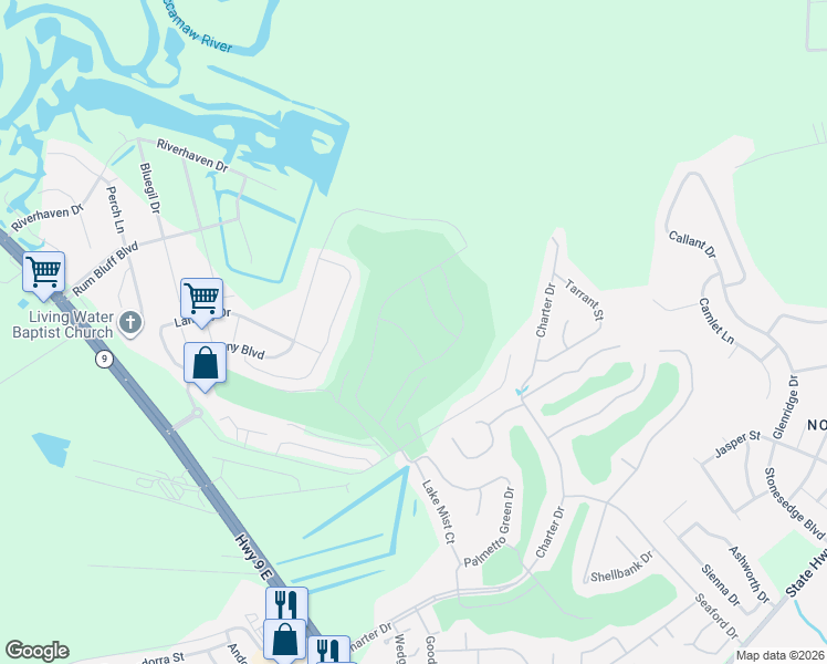 map of restaurants, bars, coffee shops, grocery stores, and more near Fairway Drive in Little River