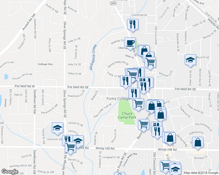 map of restaurants, bars, coffee shops, grocery stores, and more near 217 Pat Mell Road Southeast in Marietta