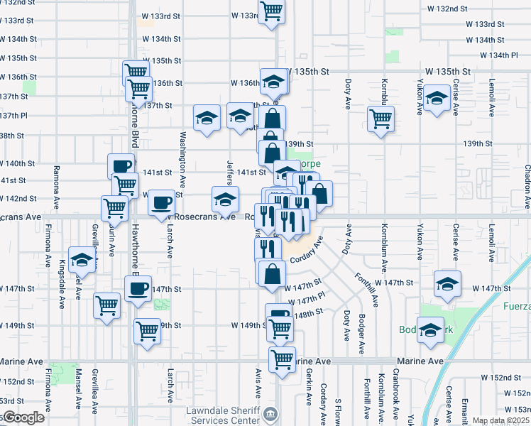map of restaurants, bars, coffee shops, grocery stores, and more near 4016 Rosecrans Avenue in Hawthorne